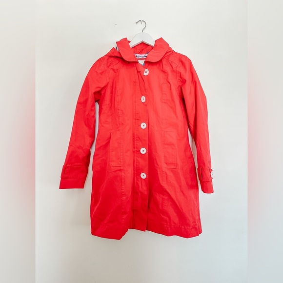 “Hatley”Red Trench Coat - Detachable Hood - Zip Front - Stripped Lining - Size 8 - Picture 11 of 15